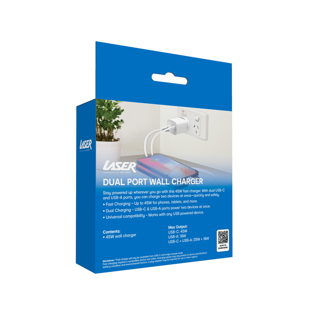 Laser 45W Dual Port USB Wall Charger - 2x USB-A Fast Charging - White
