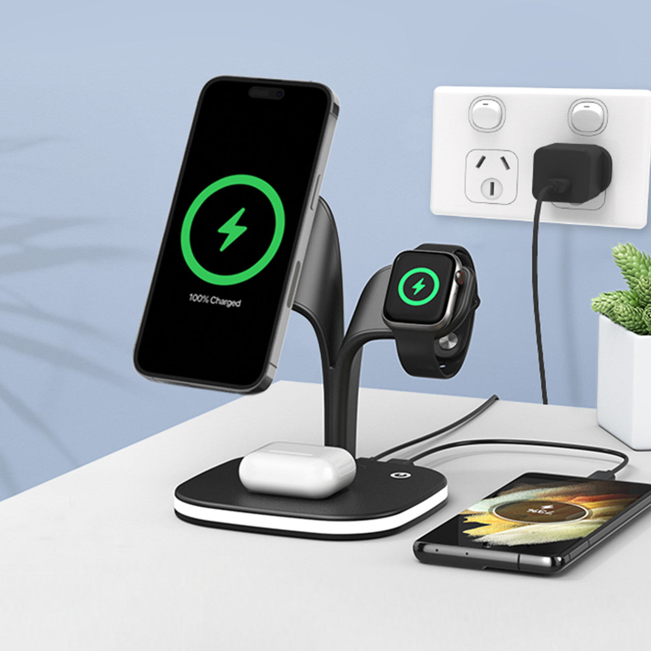 3-in-1 Wireless Charging Station with Night Light - 15W Fast Charging