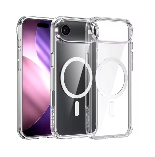 Clear phone case with magnetic ring holder on a white background