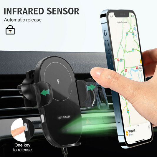 Automatic Clamping 15W Wireless Car Charger Mount - 2-in-1 Phone Holder