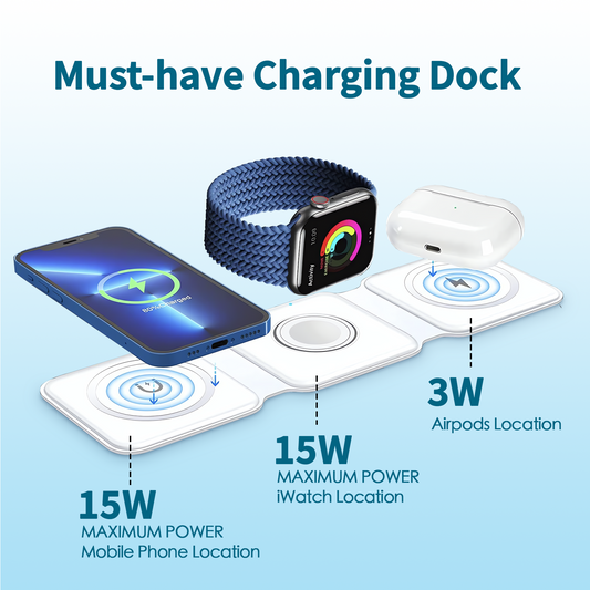 Wireless charging dock with smartphone, smartwatch, and earbuds on a light blue background