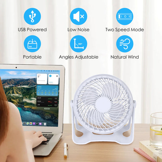 USB Desk Fan - Portable 2-Speed Adjustable Angle Cooling Fan White