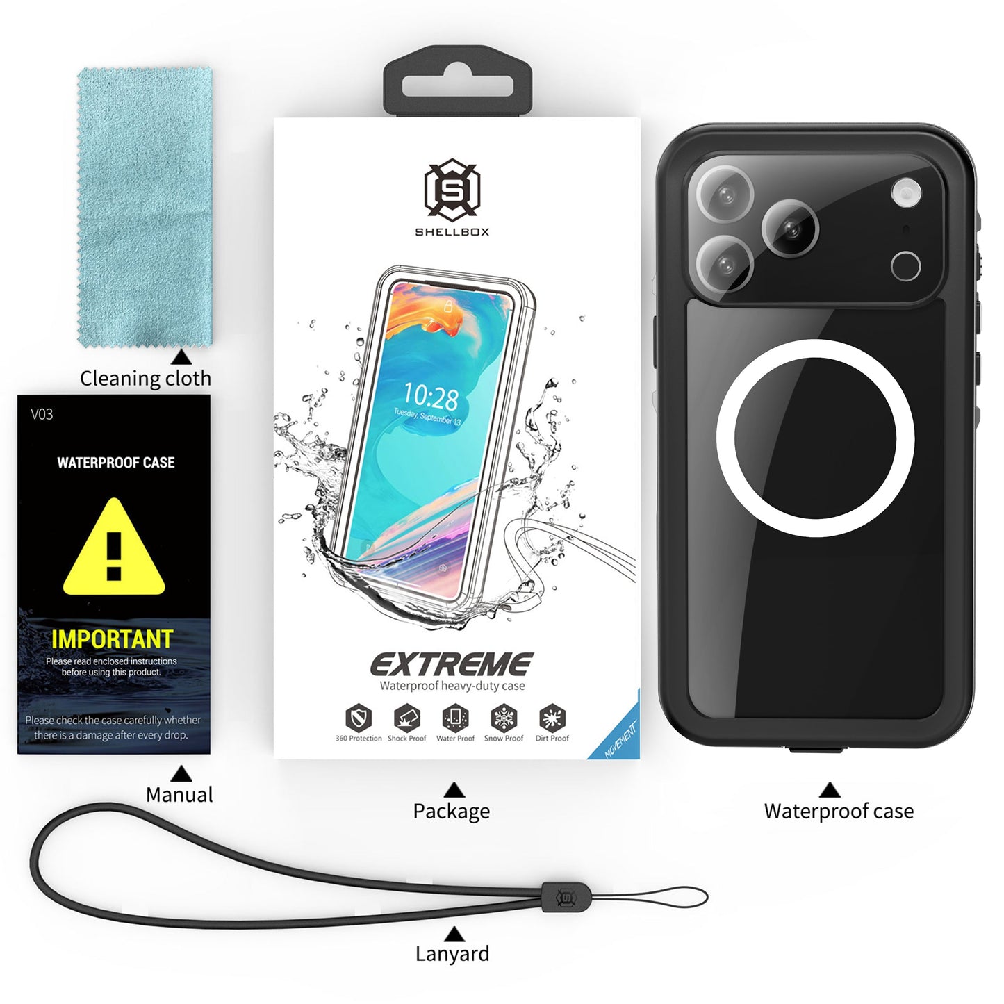 Phone case with cleaning cloth, packaging, lanyard, and manual on a white background