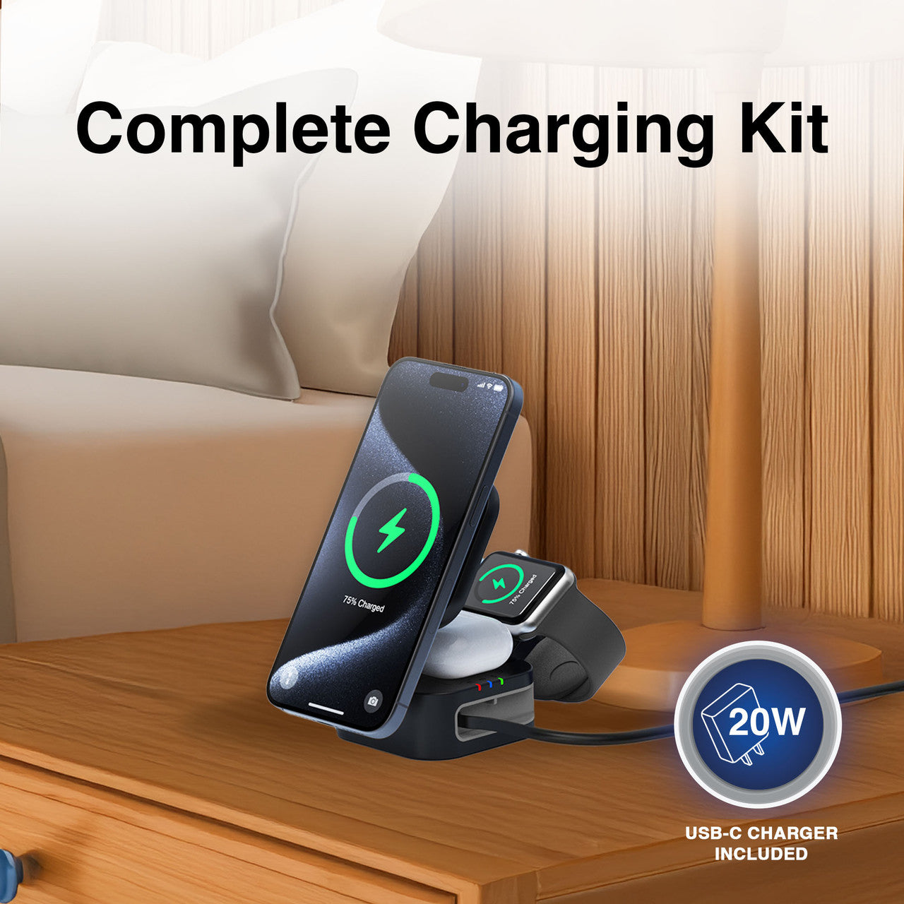 Laser 3-in-1 Foldable Wireless Charging Stand - 15W Fast Charging - Black
