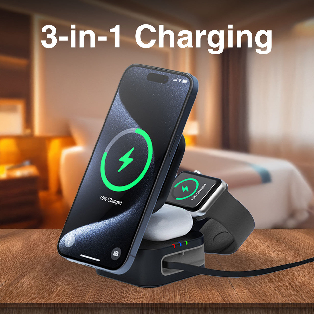 Laser 3-in-1 Foldable Wireless Charging Stand - 15W Fast Charging - Black