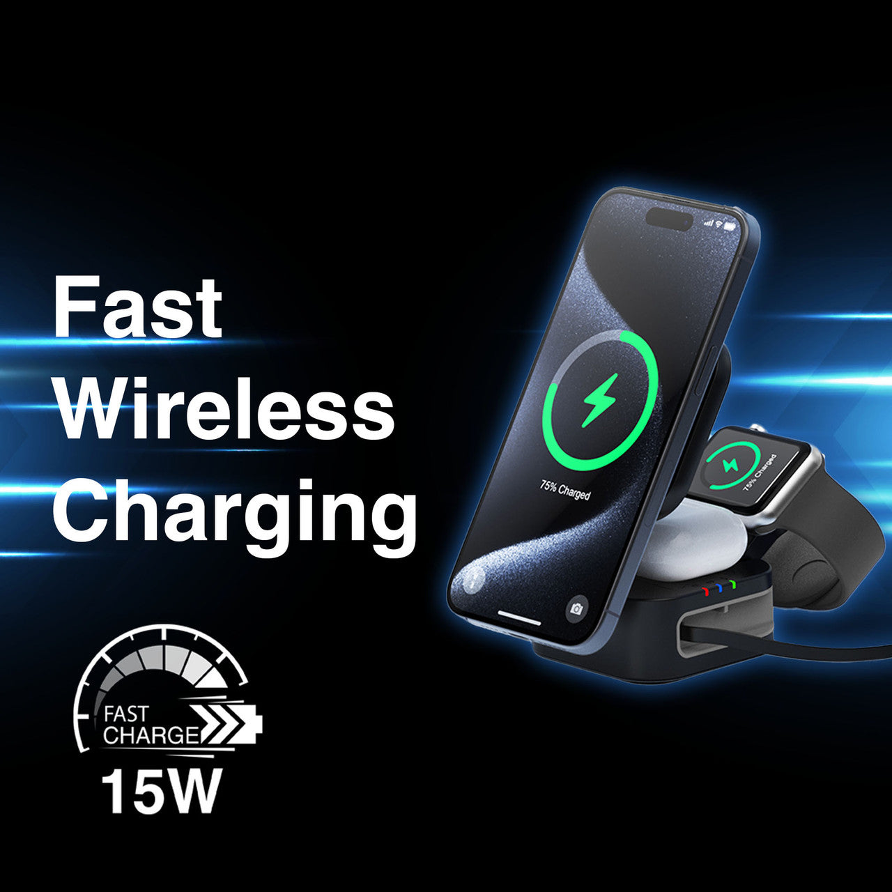 Laser 3-in-1 Foldable Wireless Charging Stand - 15W Fast Charging - Black