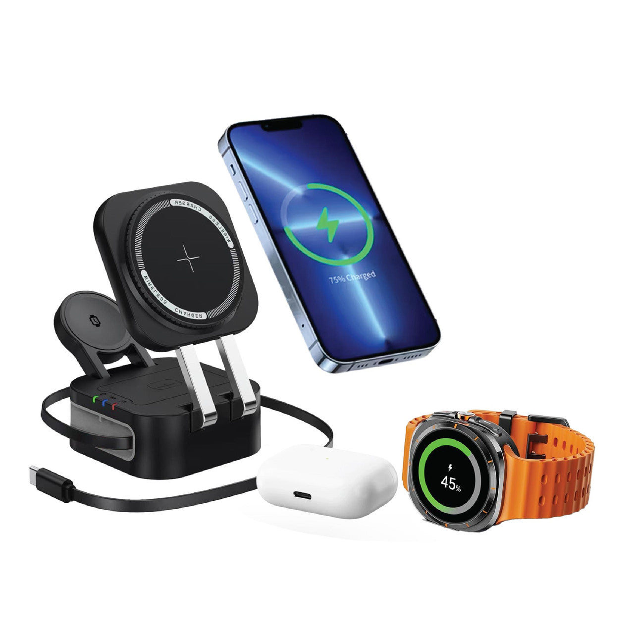 Laser 3-in-1 Foldable Wireless Charging Stand - 15W Fast Charging - Black