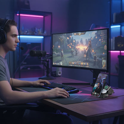 Laser 3-in-1 Foldable Wireless Charging Stand - 15W Fast Charging - Black