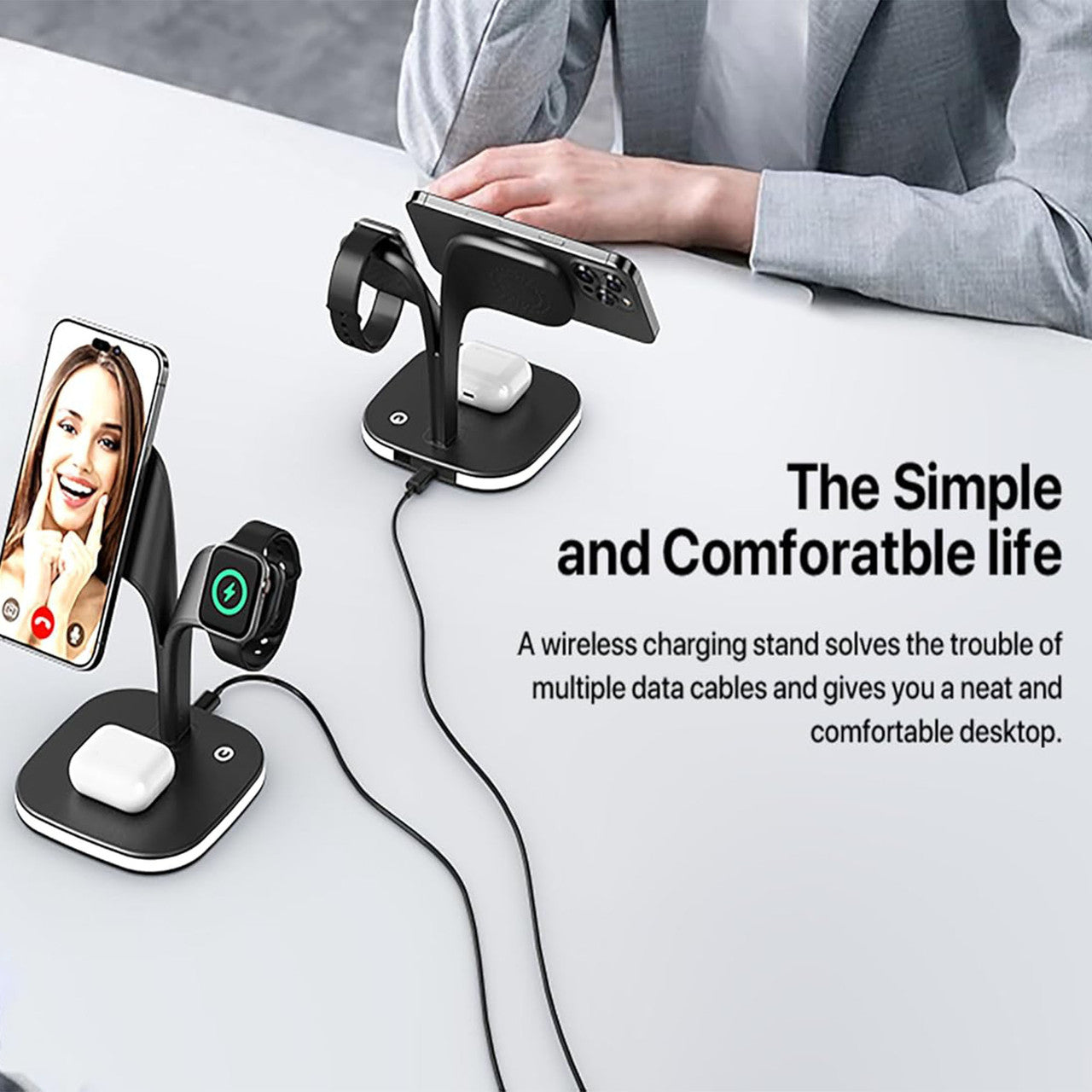 3-in-1 Wireless Charging Station with Night Light - 15W Fast Charging