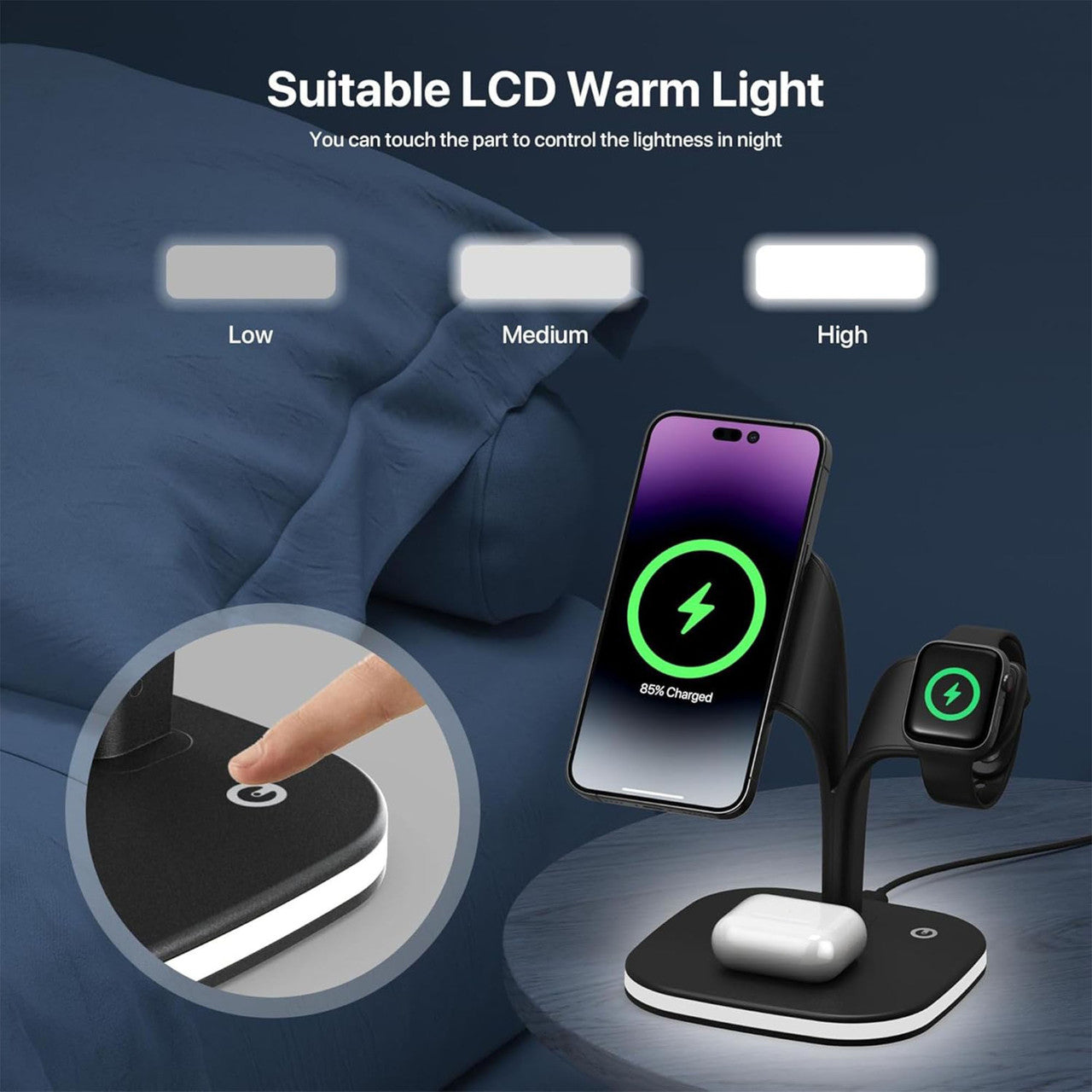 3-in-1 Wireless Charging Station with Night Light - 15W Fast Charging