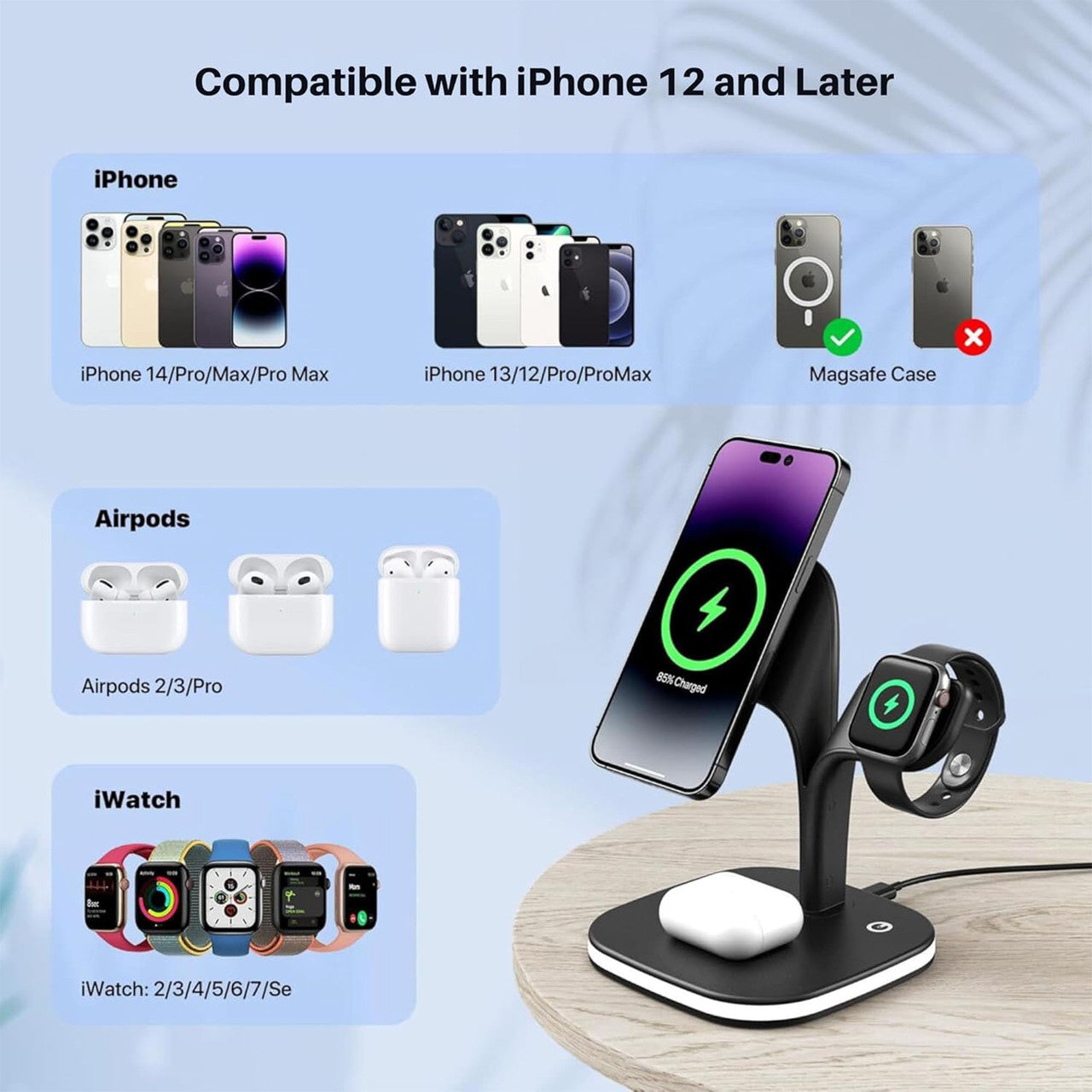 3-in-1 Wireless Charging Station with Night Light - 15W Fast Charging