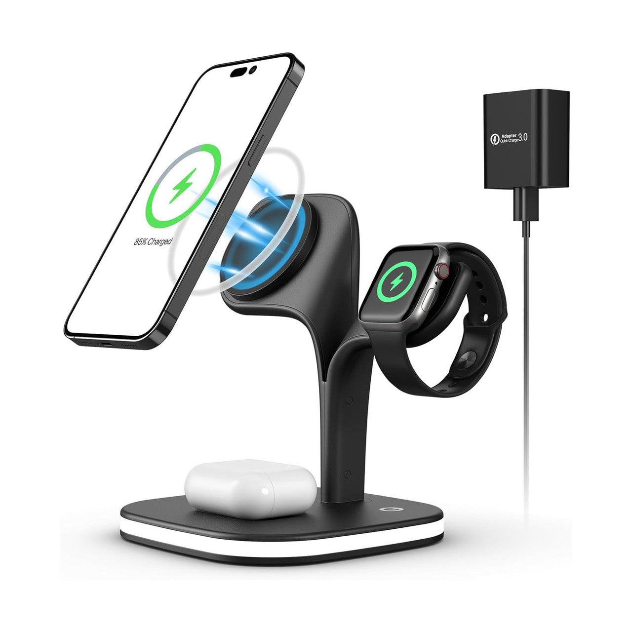 3-in-1 Wireless Charging Station with Night Light - 15W Fast Charging