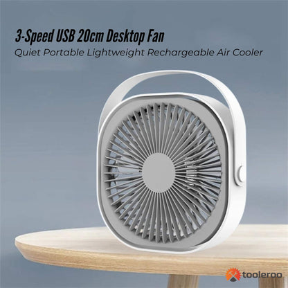 3-Speed USB Desktop Fan - 20cm Quiet Portable Rechargeable Cooler