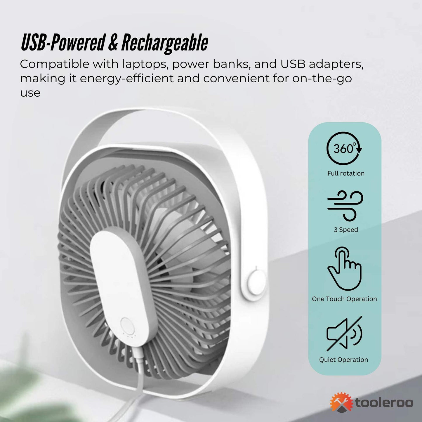 3-Speed USB Desktop Fan - 20cm Quiet Portable Rechargeable Cooler