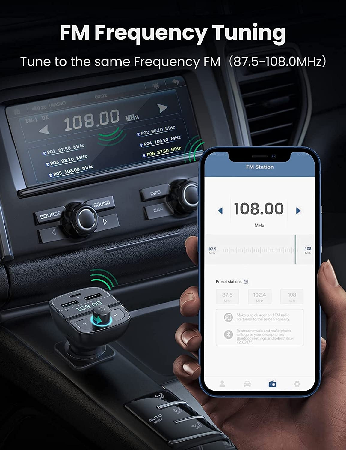 UGREEN 80910 Bluetooth 5.0 FM Transmitter - Wireless Car Audio Adapter