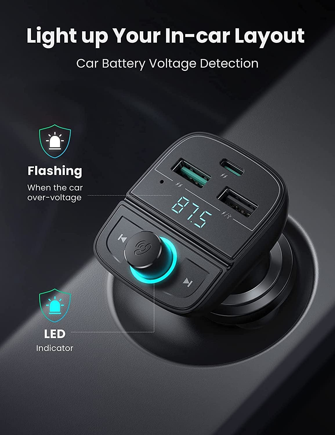 UGREEN 80910 Bluetooth 5.0 FM Transmitter - Wireless Car Audio Adapter