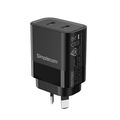 Simplecom CU221 Dual USB-C Wall Charger - 20W PD Fast Charging for Phone & Tablet