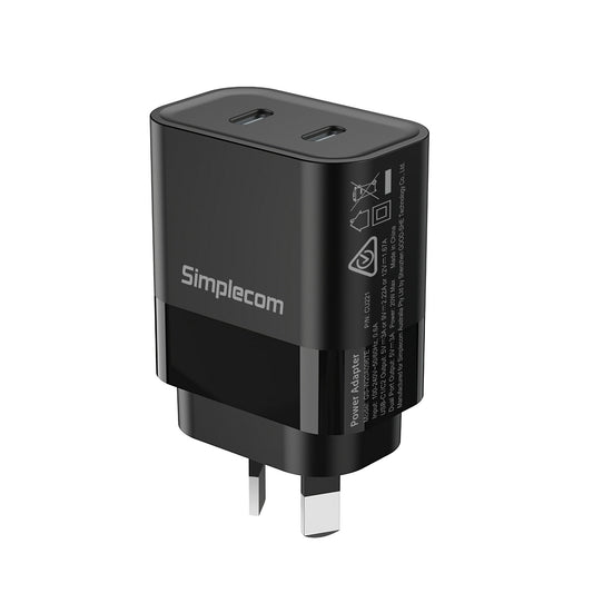Simplecom CU221 Dual USB-C Wall Charger - 20W PD Fast Charging for Phone & Tablet