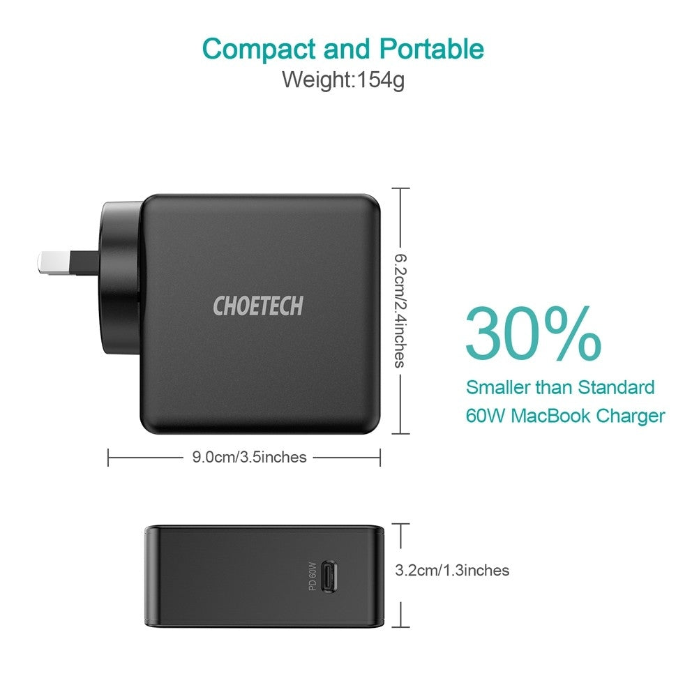 Choetech 60W USB-C Wall Charger - PD 3.0 Fast Charging Foldable Adapter