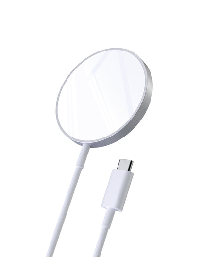 White magnetic phone mount with charging cable on a white background