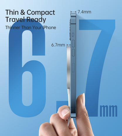 Phone case being held by a hand with text indicating thickness and travel readiness on a blue background
