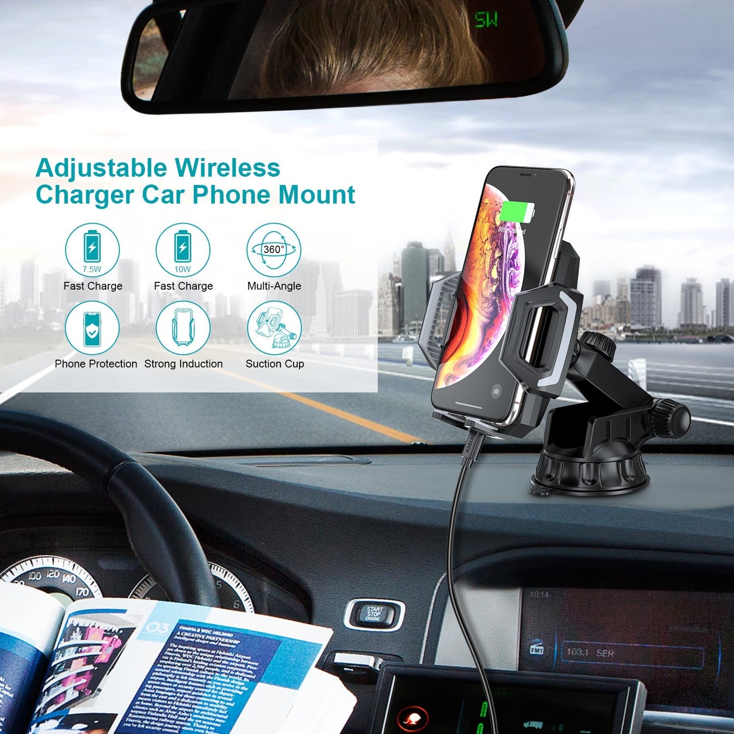 CHOETECH T521-S Fast Qi Wireless Car Charger - 15W Auto-Clamping Mount