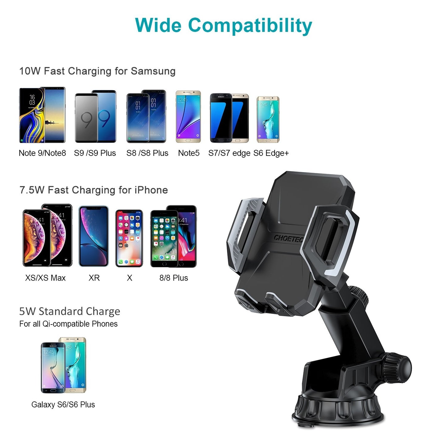 CHOETECH T521-S Fast Qi Wireless Car Charger - 15W Auto-Clamping Mount