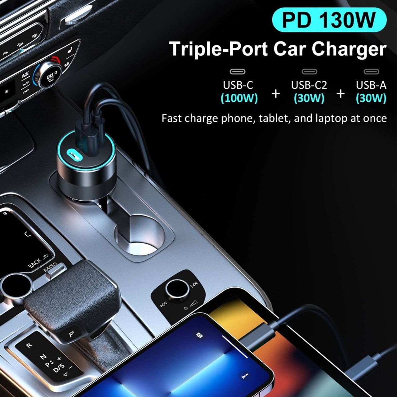 CHOETECH 130W Fast Car Charger - Dual USB-C PD 100W + USB-A Port