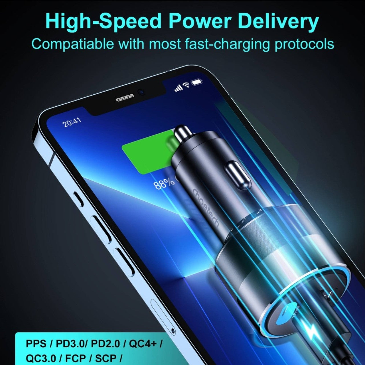CHOETECH 130W Fast Car Charger - Dual USB-C PD 100W + USB-A Port