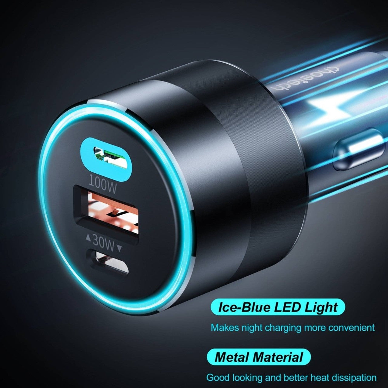 CHOETECH 130W Fast Car Charger - Dual USB-C PD 100W + USB-A Port