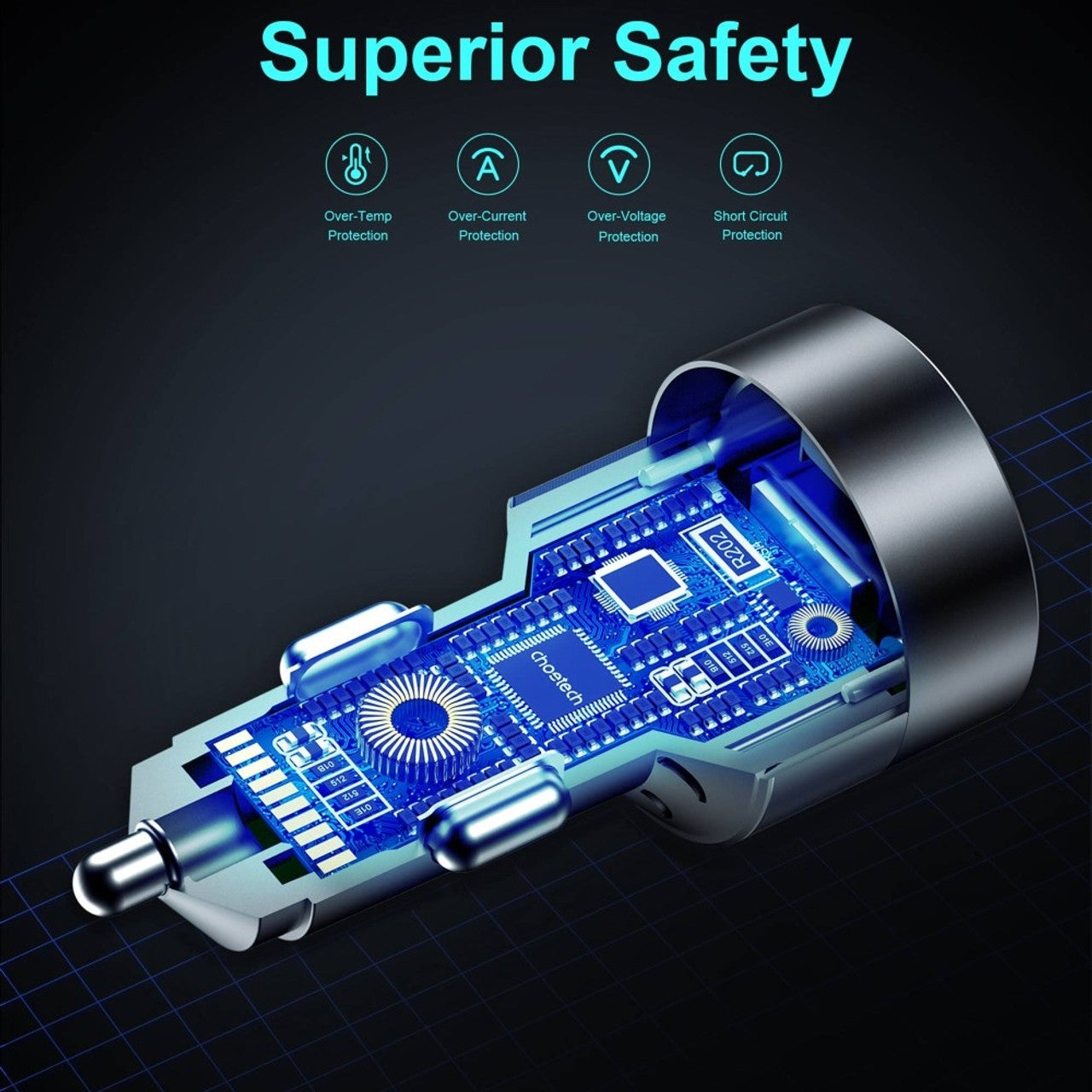 CHOETECH 130W Fast Car Charger - Dual USB-C PD 100W + USB-A Port