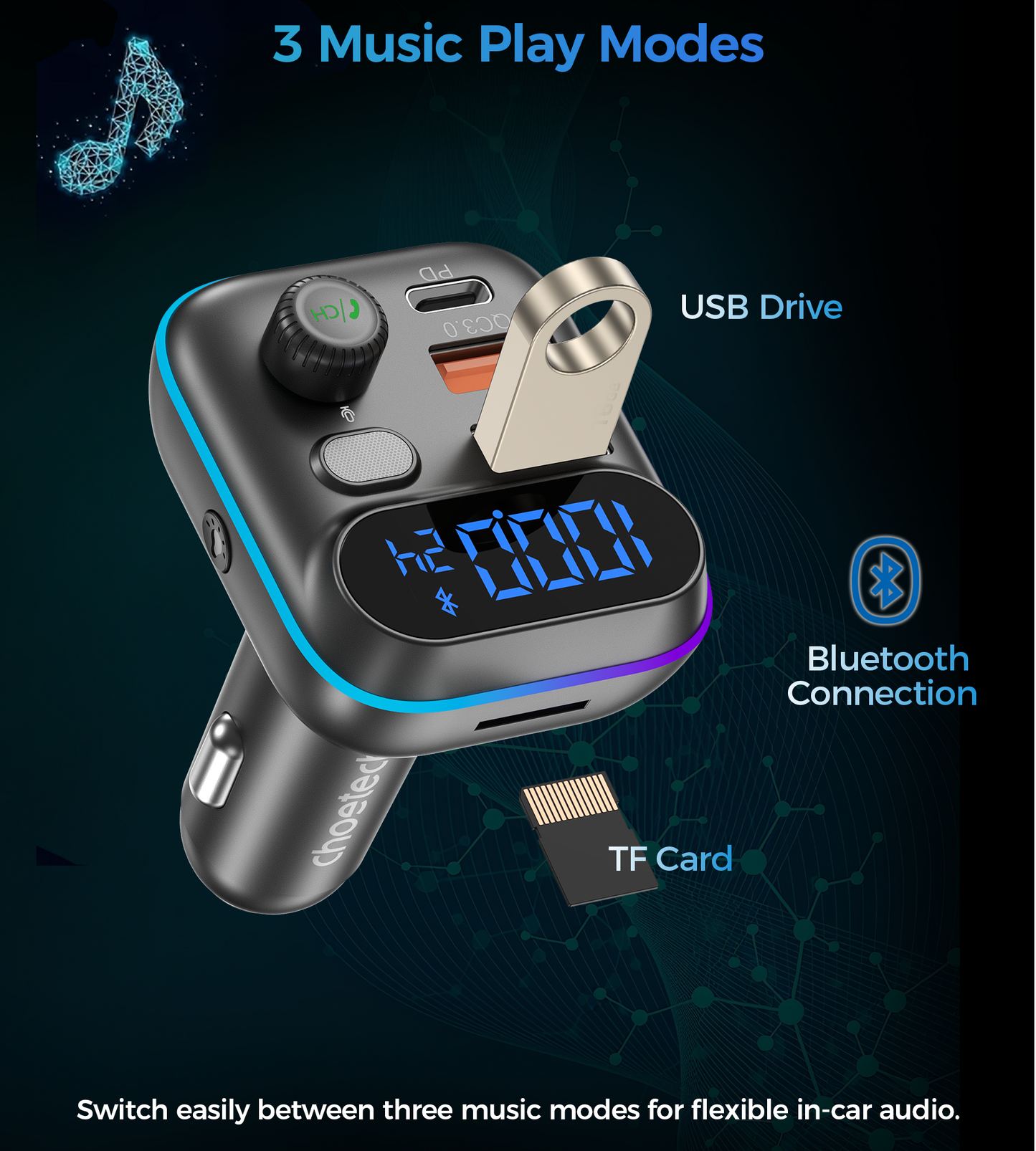 CHOETECH TC0050 36W Bluetooth FM Transmitter - PD Fast Charging Car Adapter
