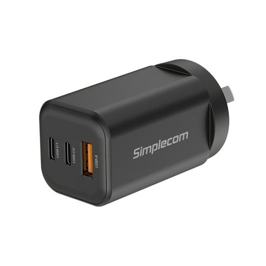 Simplecom 65W 3-Port GaN Wall Charger - 2x USB-C (45W+20W) + USB-A Fast Charging