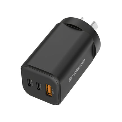Simplecom 65W 3-Port GaN Wall Charger - 2x USB-C (45W+20W) + USB-A Fast Charging