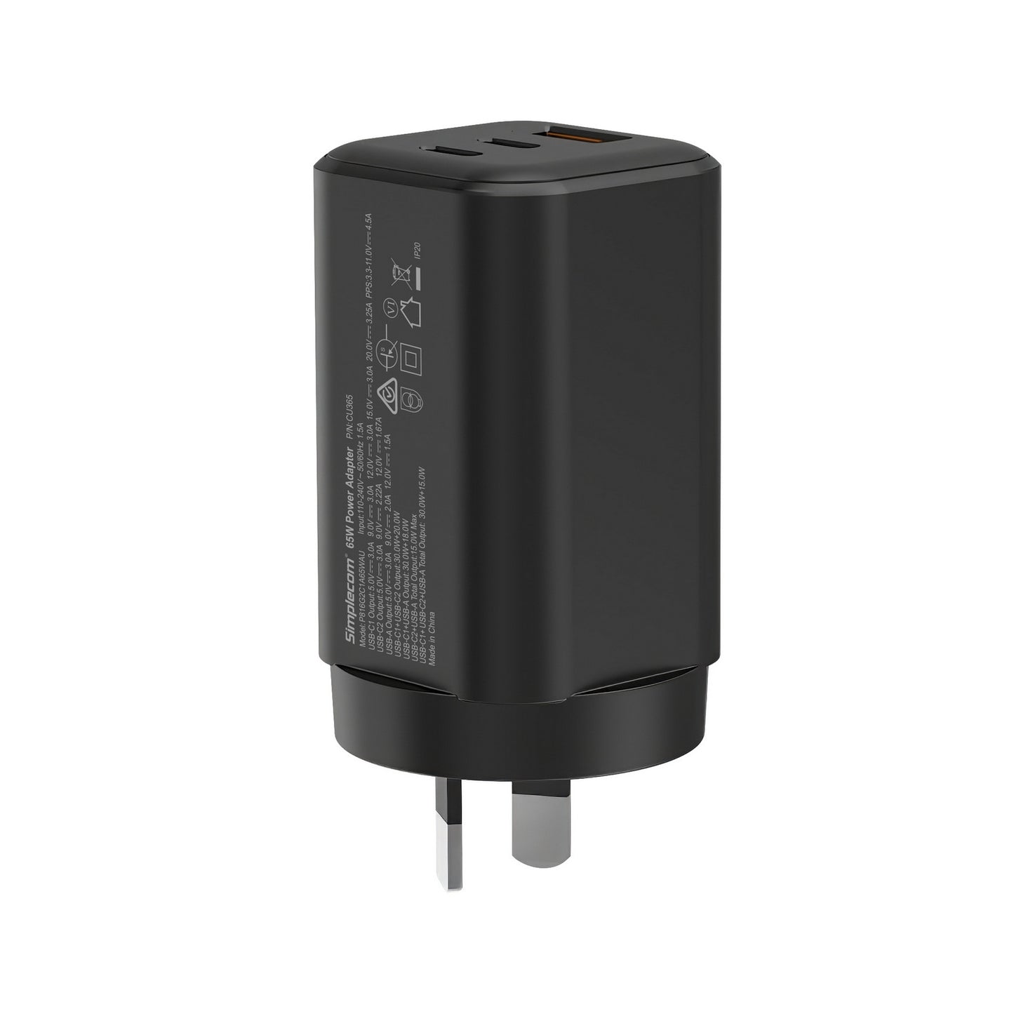 Simplecom 65W 3-Port GaN Wall Charger - 2x USB-C (45W+20W) + USB-A Fast Charging