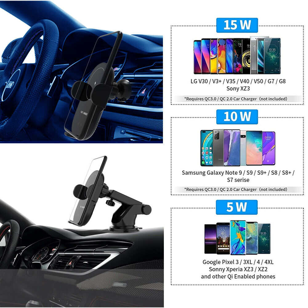 Automatic Clamping 15W Wireless Car Charger Mount - 2-in-1 Phone Holder