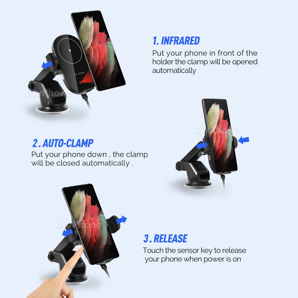Automatic Clamping 15W Wireless Car Charger Mount - 2-in-1 Phone Holder