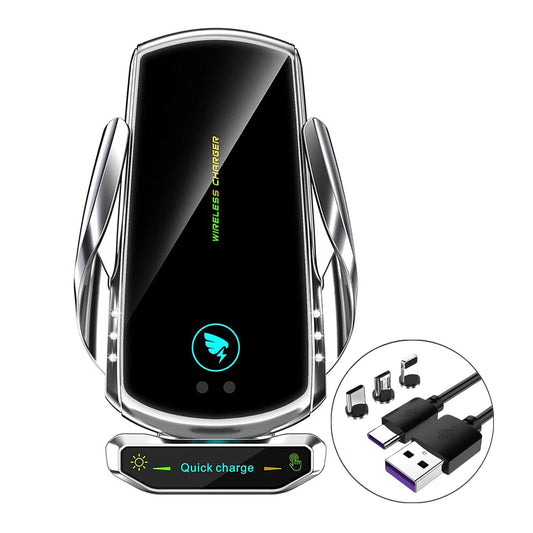 15W Wireless Car Charger Mount - Auto-Clamp Vent Holder with Cable & Tips