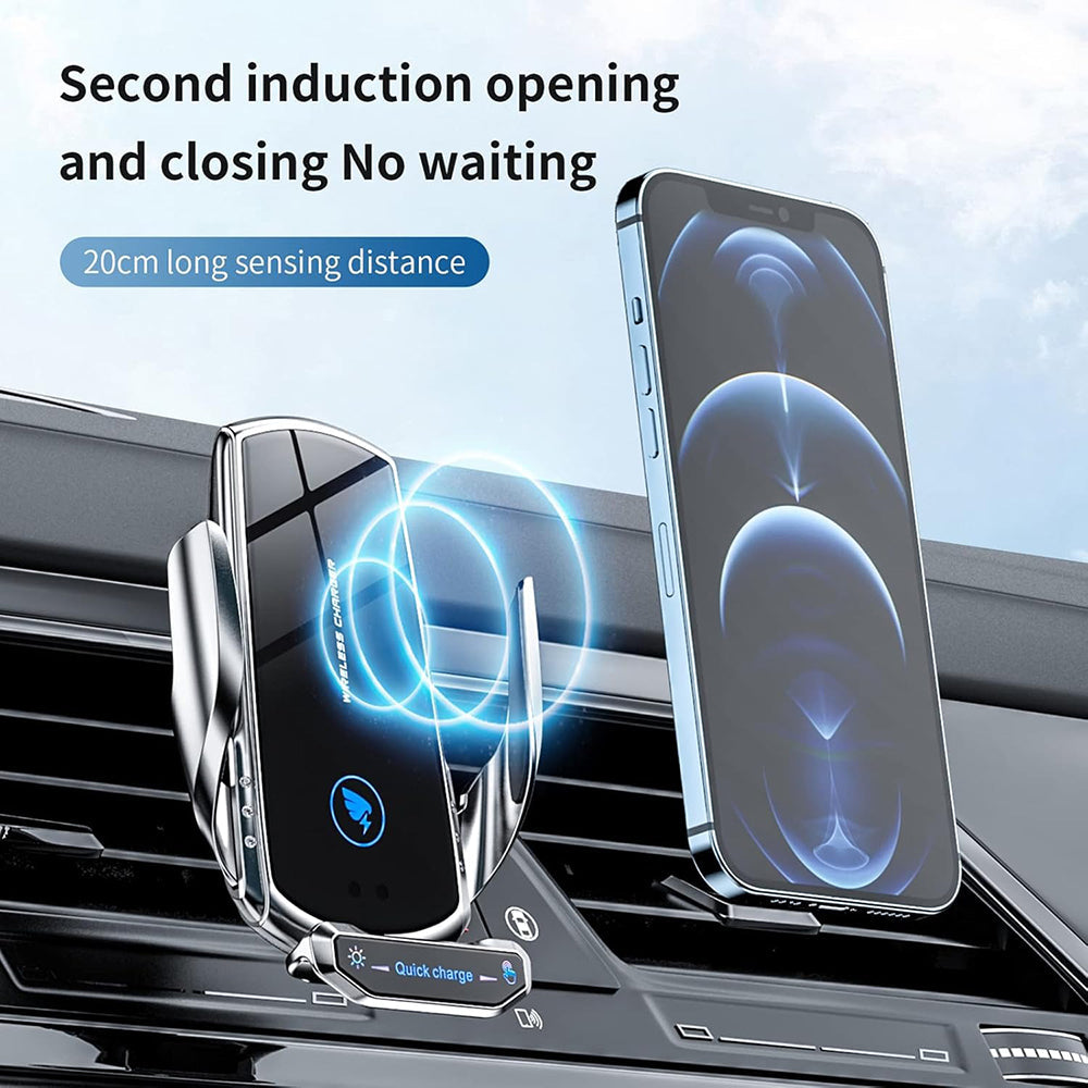 15W Wireless Car Charger Mount - Auto-Clamp Vent Holder with Cable & Tips