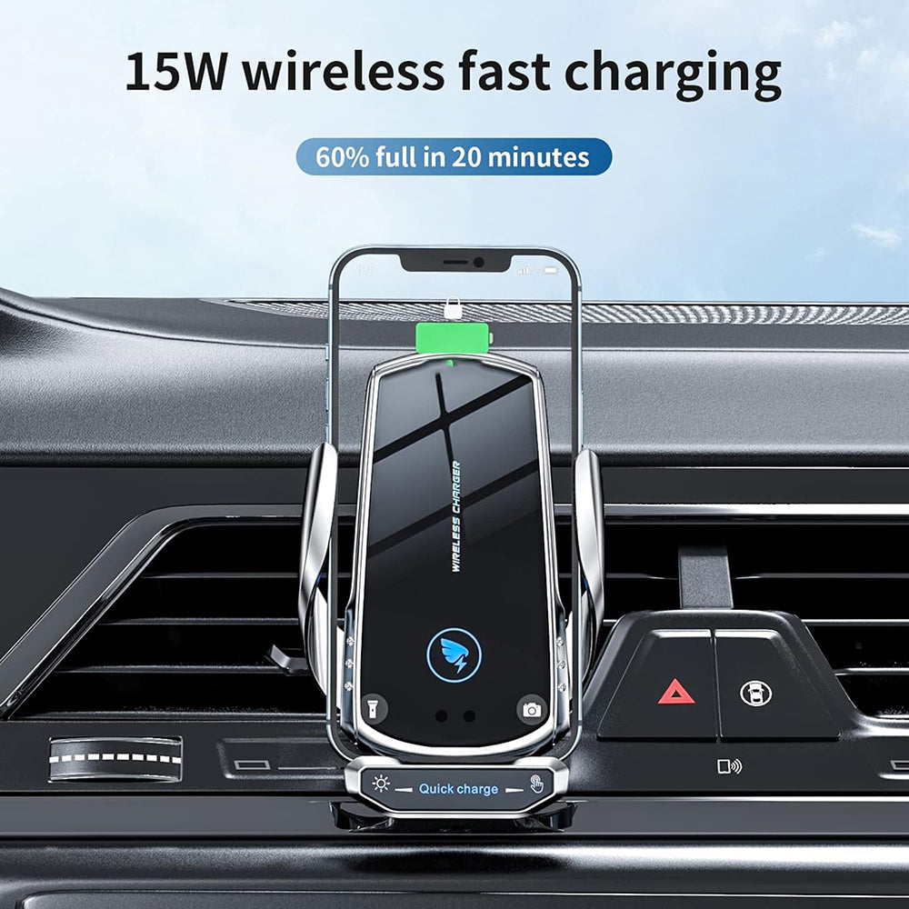 15W Wireless Car Charger Mount - Auto-Clamp Vent Holder with Cable & Tips