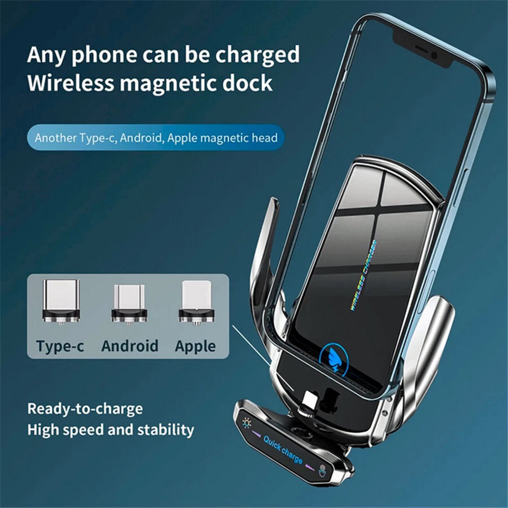 15W Wireless Car Charger Mount - Auto-Clamp Vent Holder with Cable & Tips