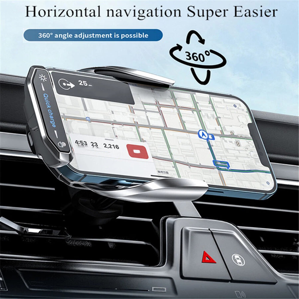 15W Wireless Car Charger Mount - Auto-Clamp Vent Holder with Cable & Tips