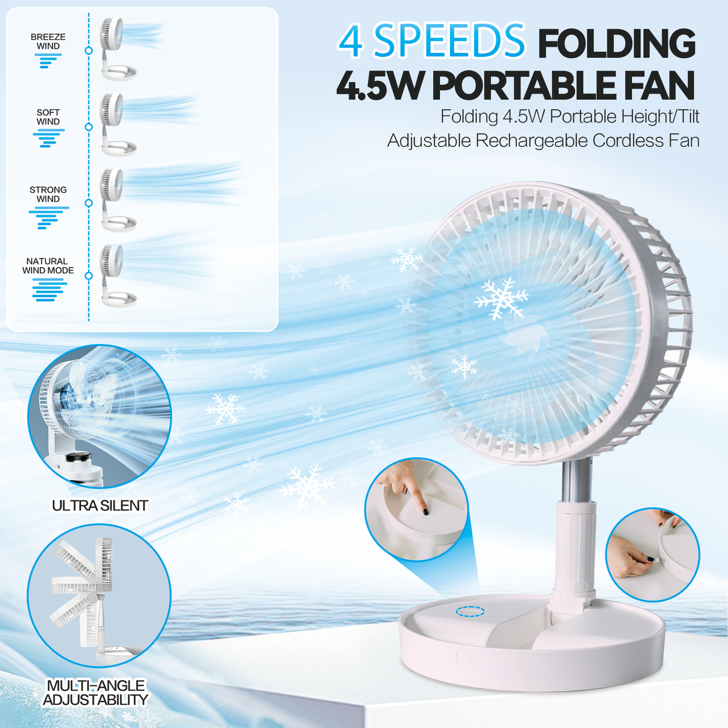 Folding Telescopic Rechargeable Fan - 4.5W Portable Adjustable Cordless Cooling