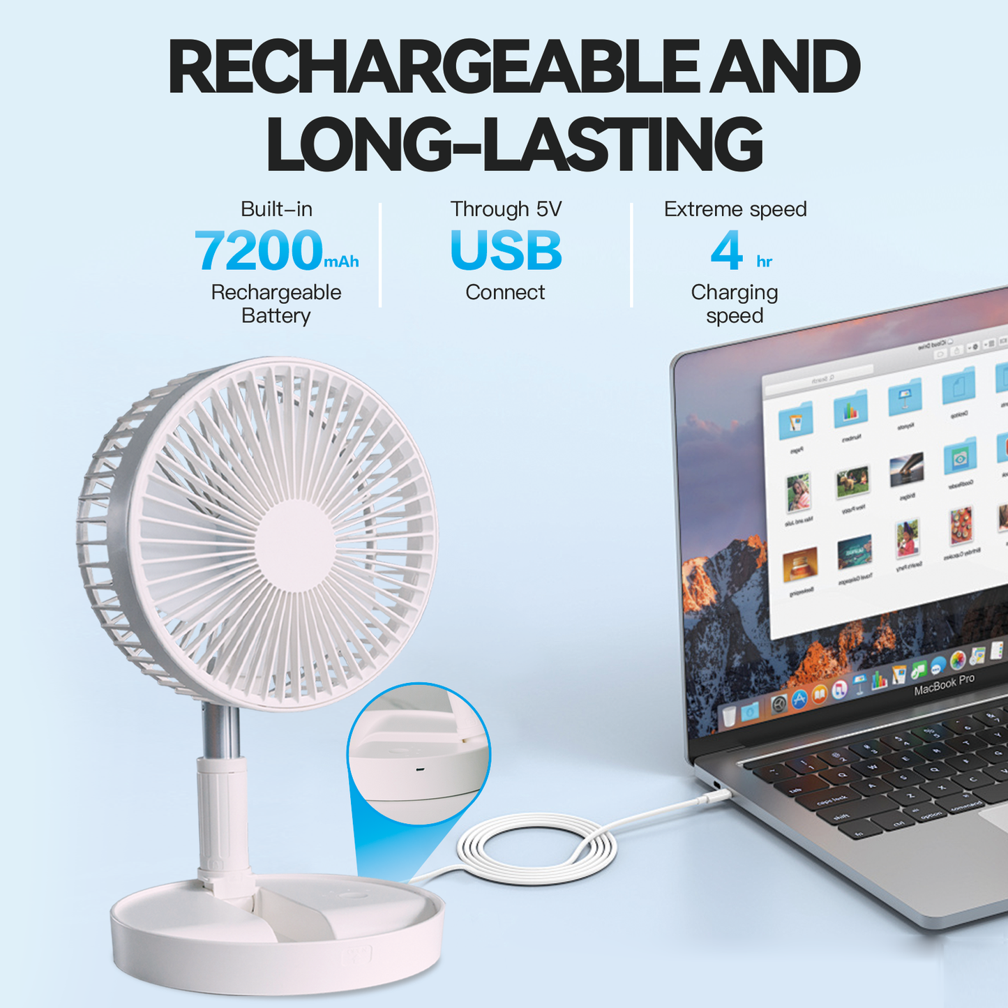 Folding Telescopic Rechargeable Fan - 4.5W Portable Adjustable Cordless Cooling