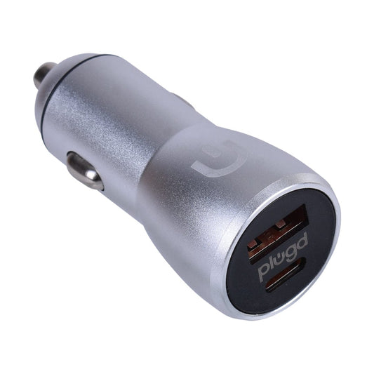 Silver car charger with USB port on a white background
