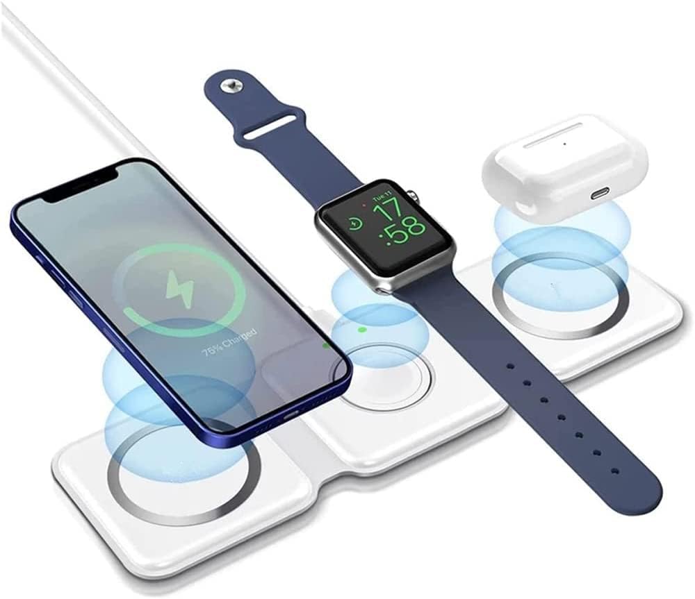 Wireless charging pad with smartphone, smartwatch, and earbuds on a white background