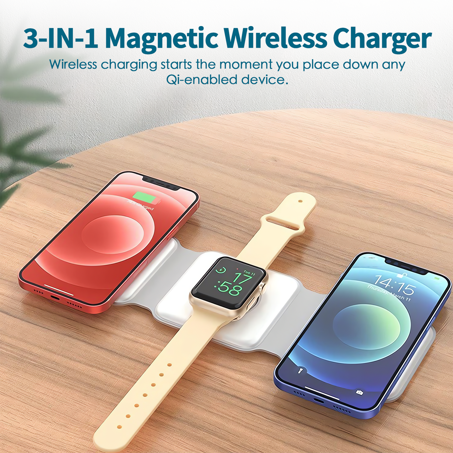 3-IN-1 Magnetic Wireless Charger with smartphone, smartwatch, and phone on a wooden surface.