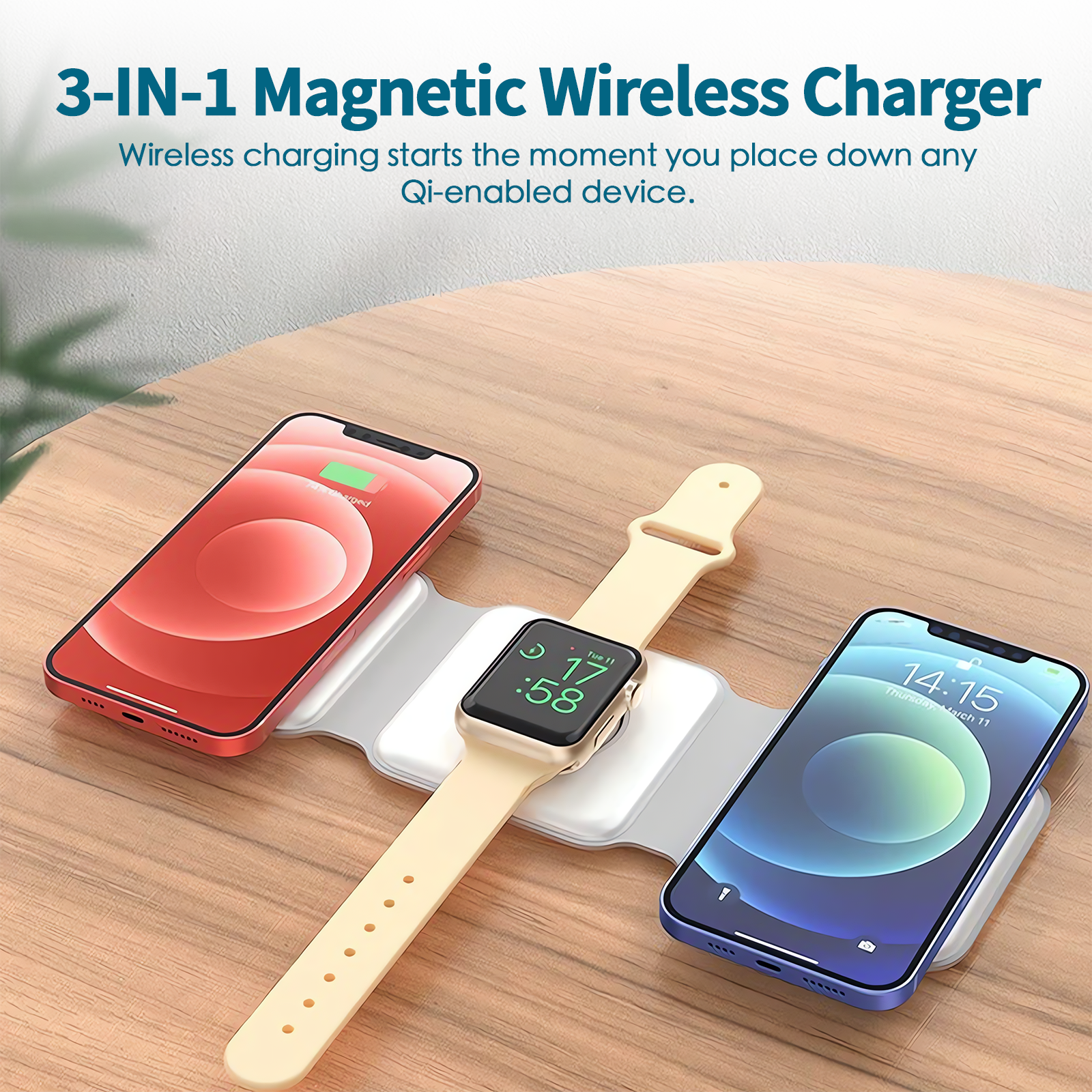 3-IN-1 Magnetic Wireless Charger with smartphone, smartwatch, and phone on a wooden surface.