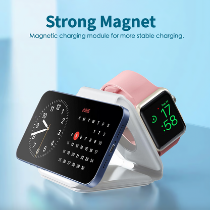 Smartwatch with pink band on a charging stand against a light blue background