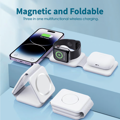 Multifunctional wireless charging pad with smartphone, smartwatch, and earbuds on a light blue background.